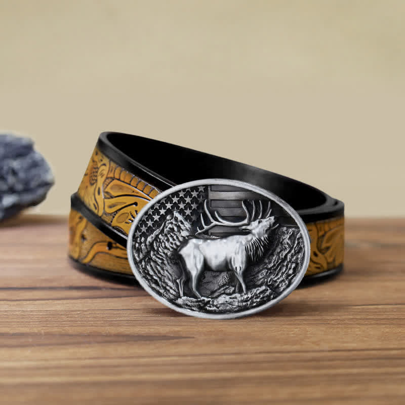 Herren DIY Elch Hirsch Amerika-Flagge Schnalle Ledergürtel