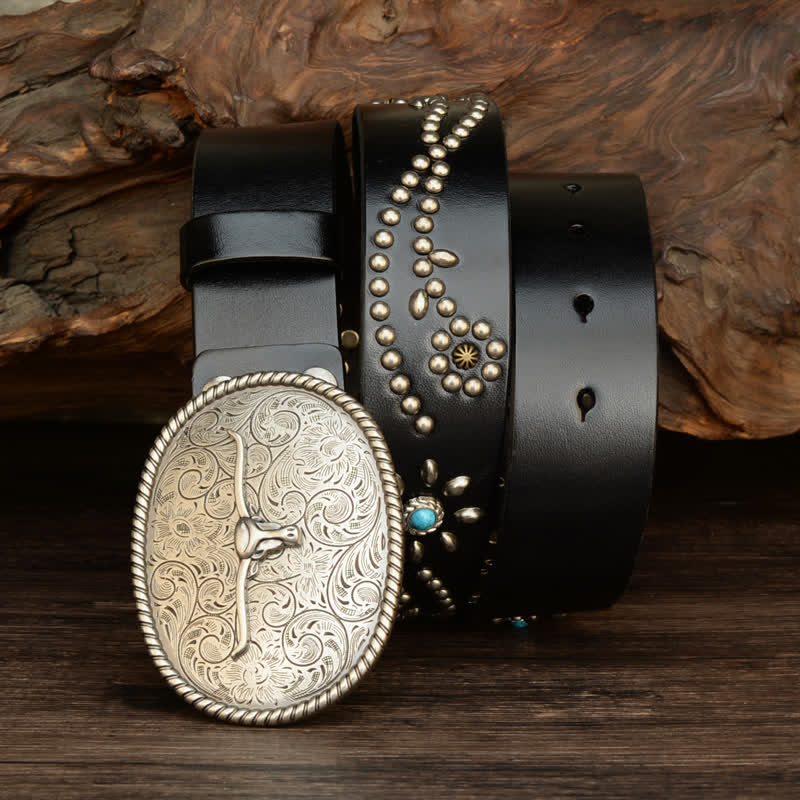 Herren Punk-Nieten Longhorn Bull Türkis Echtes Leder Gürtel