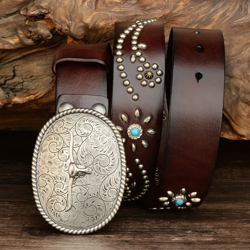 Herren Punk-Nieten Longhorn Bull Türkis Echtes Leder Gürtel