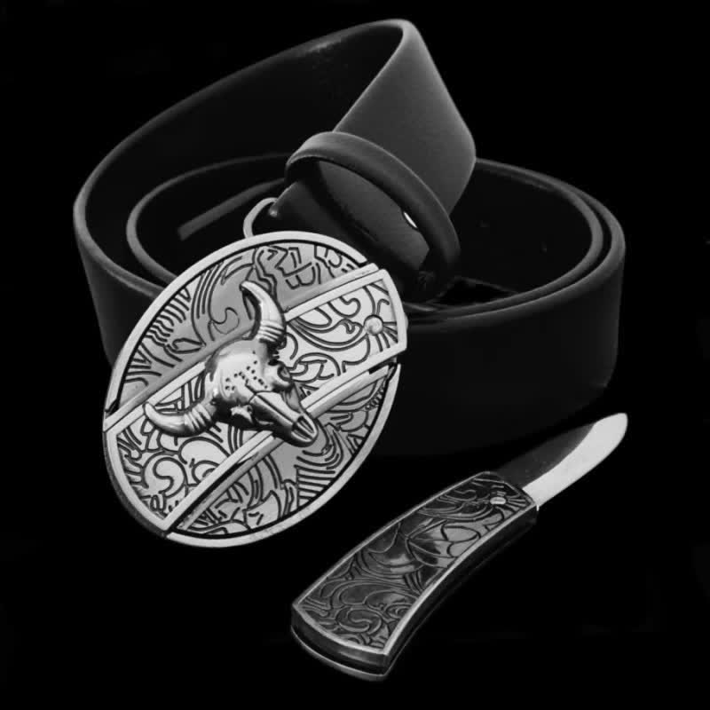Herren-Stierkopf-Ledergürtel mit Klappmesser