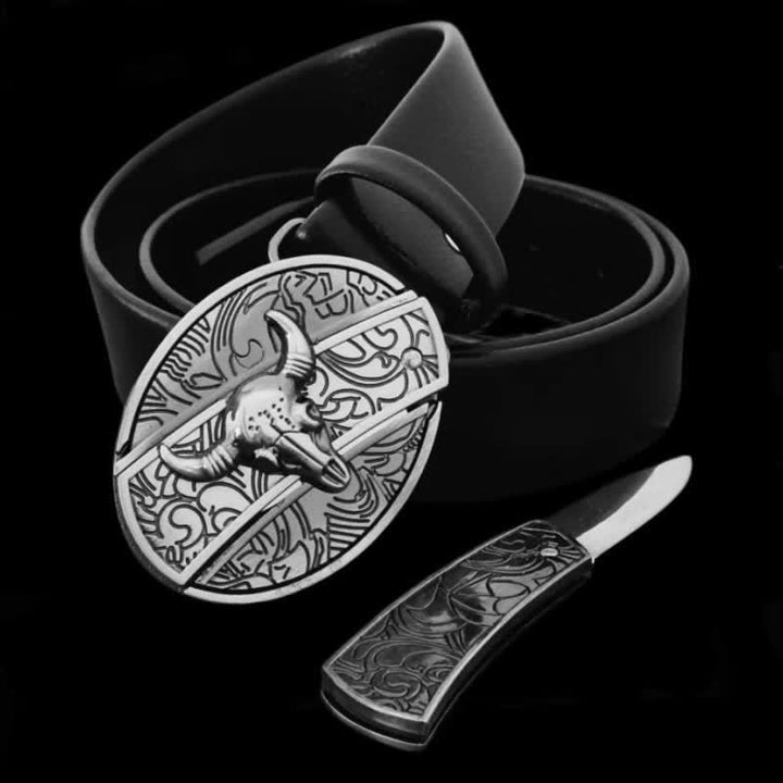 Herren-Stierkopf-Ledergürtel mit Klappmesser