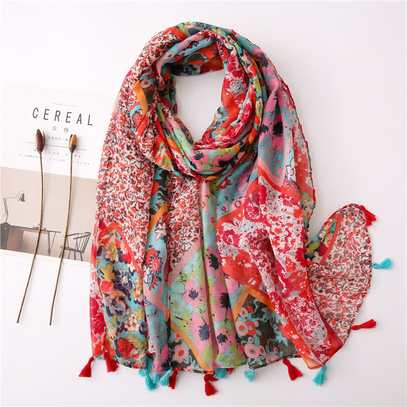 Frauen Bohemian Print Blumen Quasten Schal