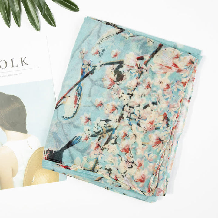 Leichter Schal mit blühenden Blumen und Vögeln für Frauen