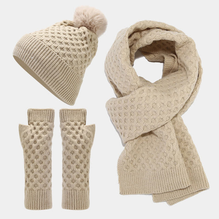 3-tlg. Strickset: Mütze, Schal und Handschuhe mit Kreuzmuster für Damen