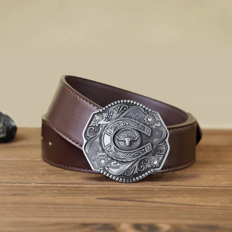 DIY Männer Strass Geblümter Stier Schnallenledergürtel