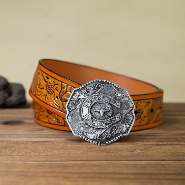 DIY Männer Strass Geblümter Stier Schnallenledergürtel