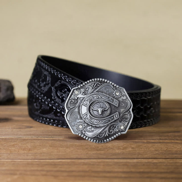 DIY Männer Strass Geblümter Stier Schnallenledergürtel