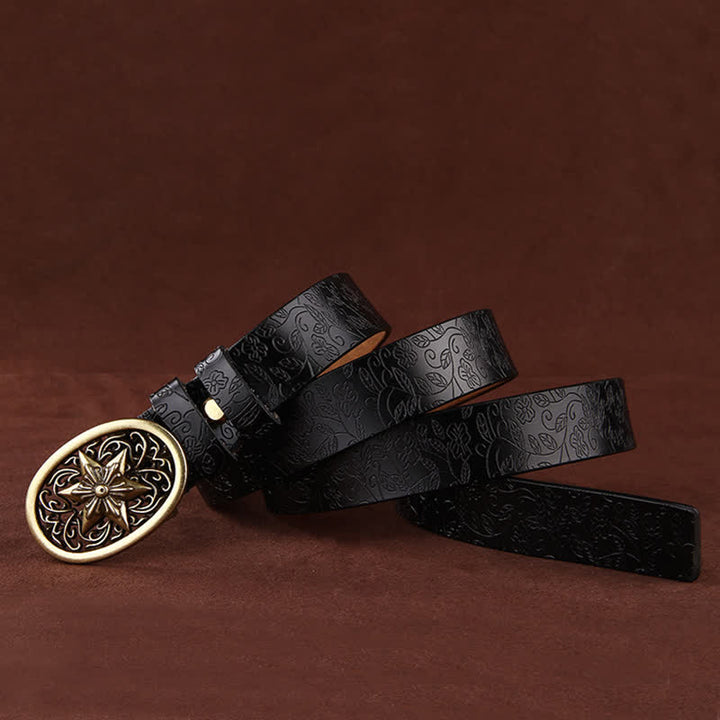 Damen Blumenprägung Fünfzackige Sternschnalle Ledergürtel