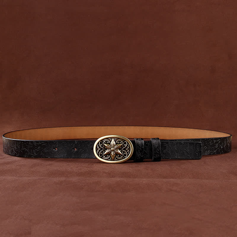 Damen Blumenprägung Fünfzackige Sternschnalle Ledergürtel