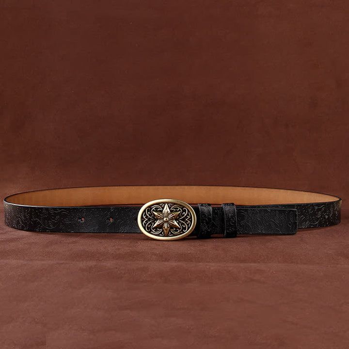 Damen Blumenprägung Fünfzackige Sternschnalle Ledergürtel