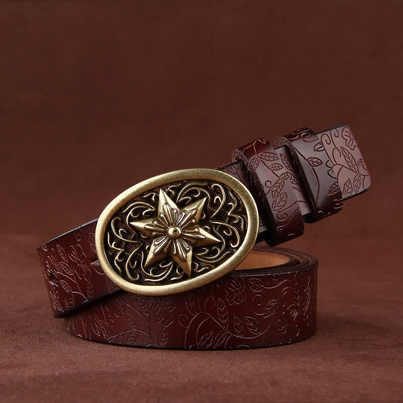 Damen Blumenprägung Fünfzackige Sternschnalle Ledergürtel