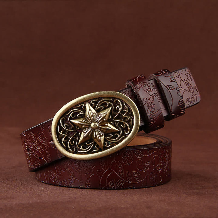 Damen Blumenprägung Fünfzackige Sternschnalle Ledergürtel