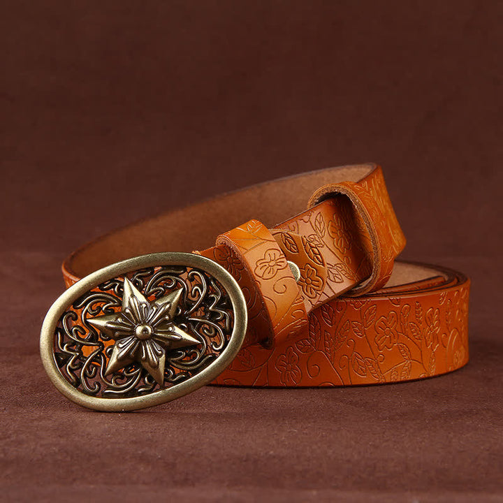 Damen Blumenprägung Fünfzackige Sternschnalle Ledergürtel