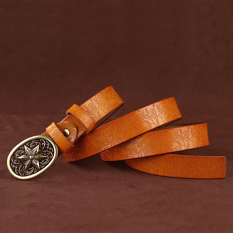 Damen Blumenprägung Fünfzackige Sternschnalle Ledergürtel