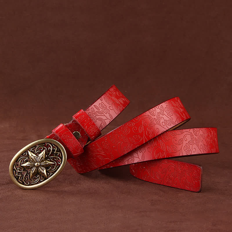 Damen Blumenprägung Fünfzackige Sternschnalle Ledergürtel