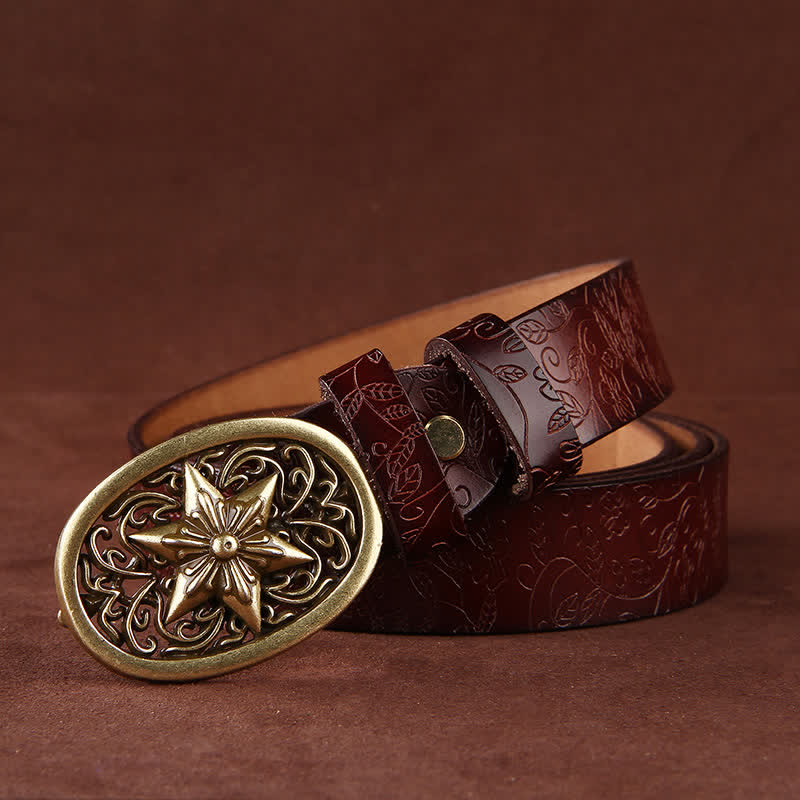 Damen Blumenprägung Fünfzackige Sternschnalle Ledergürtel