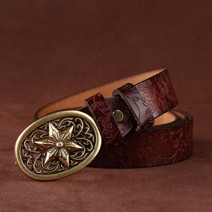 Damen Blumenprägung Fünfzackige Sternschnalle Ledergürtel
