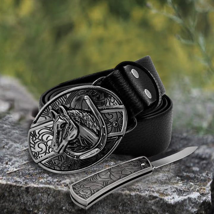 Klassischer Leder-Gürtel mit Pferdekopf und Klappmesser