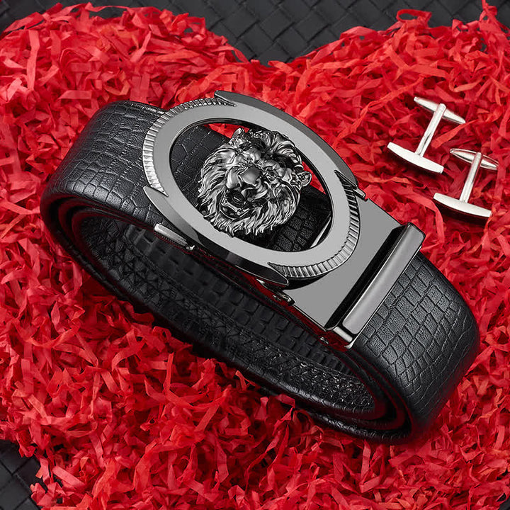 Herrengürtel aus Leder mit automatischer Schnalle und Löwenkopf