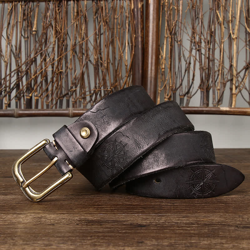 Herren Gürtel aus Leder mit geprägtem Steuerrad-Muster im Used-Look