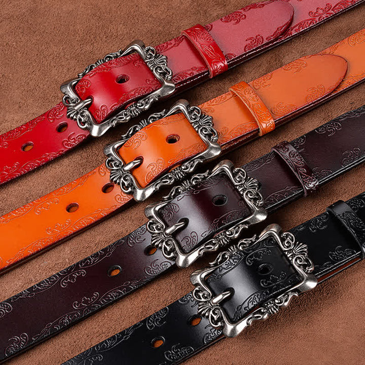 Damen eleganter geschnitzter Blumen-Schnallengürtel aus Leder