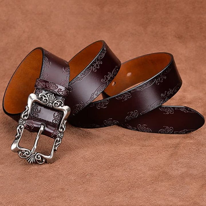 Damen eleganter geschnitzter Blumen-Schnallengürtel aus Leder