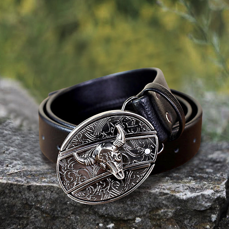 Herren-Stierkopf-Ledergürtel mit Klappmesser