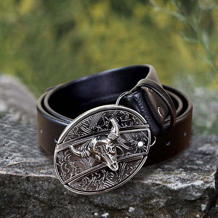 Herren-Stierkopf-Ledergürtel mit Klappmesser