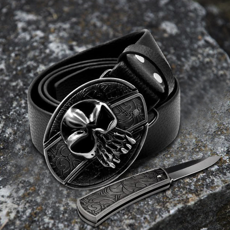 Herren-Ledergürtel mit Totenkopf und Klappmesser