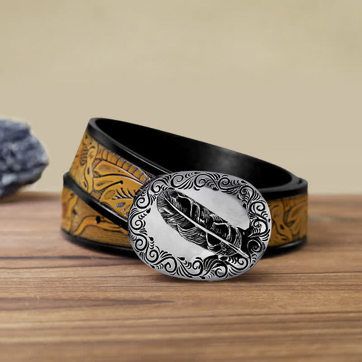 Herren DIY charmant geschnitzter Leder-Gürtel mit Feder-Schnalle