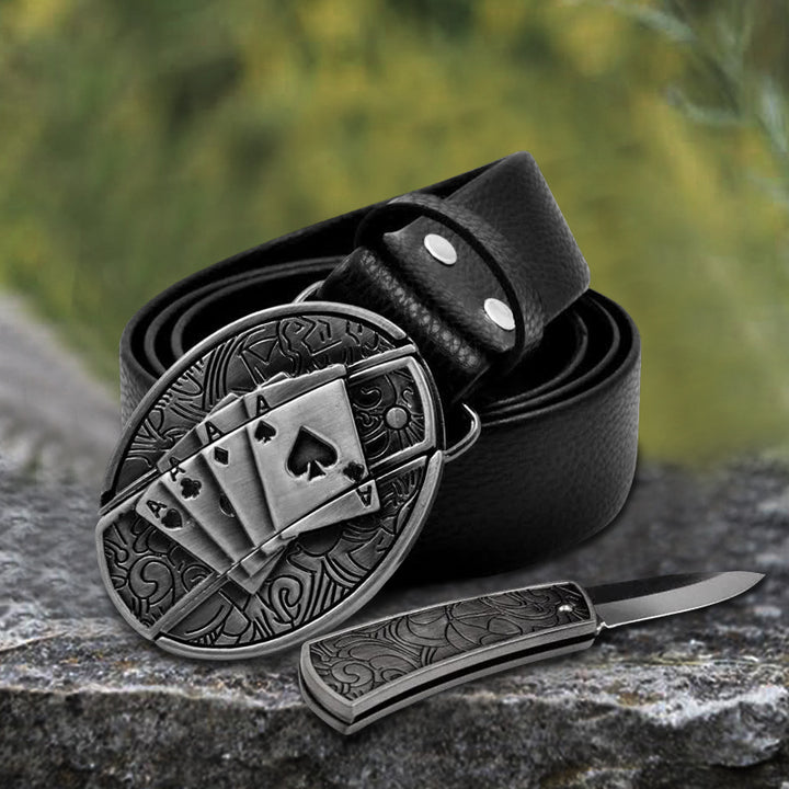 Herren Poker 4 Ace Ledergürtel mit Klappmesser