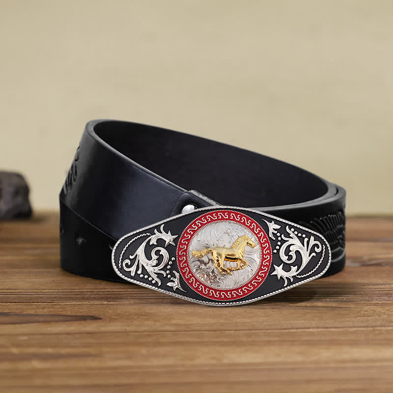 Herren DIY Western Schwarz-Gold Tier-Schnalle Ledergürtel - Laufendes Pferd - Schwarzer Gürtel mit geprägtem Adler (40) - image 8