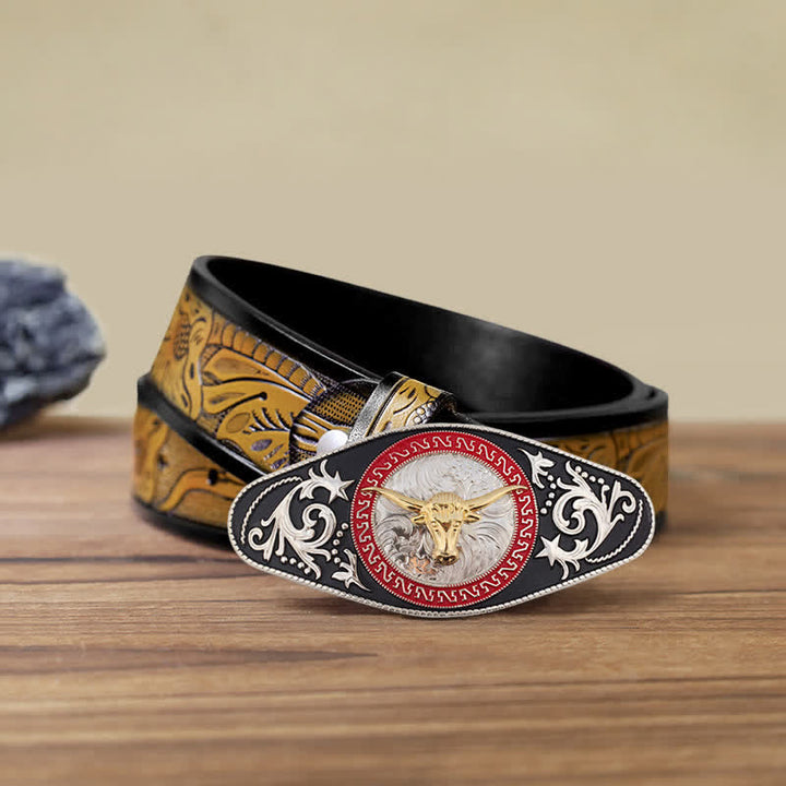 Herren DIY Western Schwarz-Gold Tier-Schnalle Ledergürtel - Stierkopf - SandyBrown Gürtel (40) - image 29