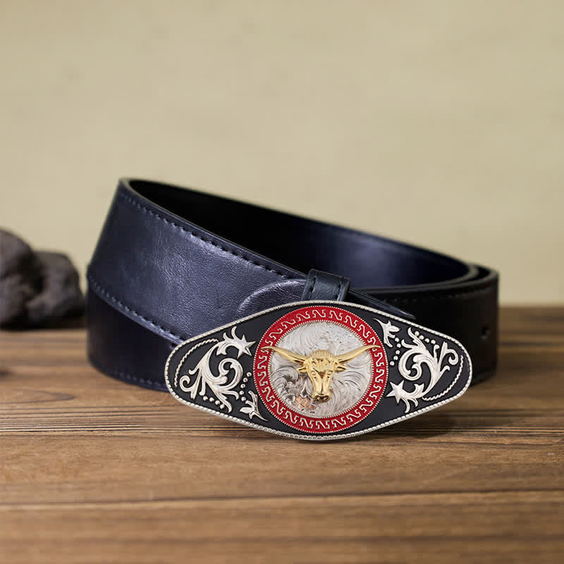 Herren DIY Western Schwarz-Gold Tier-Schnalle Ledergürtel - Stierkopf - Schwarzer PU-Gürtel (40) - image 24