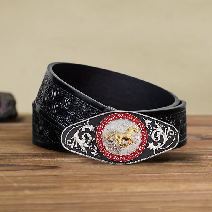 Herren DIY Western Schwarz-Gold Tier-Schnalle Ledergürtel - Laufendes Pferd - Schwarzer geprägter Webgürtel (40) - image 9