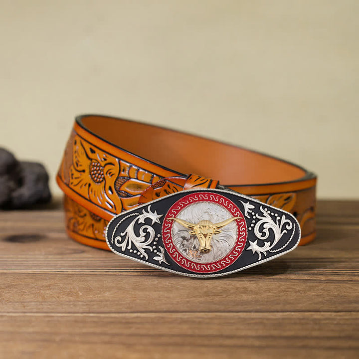 Herren DIY Western Schwarz-Gold Tier-Schnalle Ledergürtel - Stierkopf - Orangefarbener geschnitzter Gürtel (40) - image 30