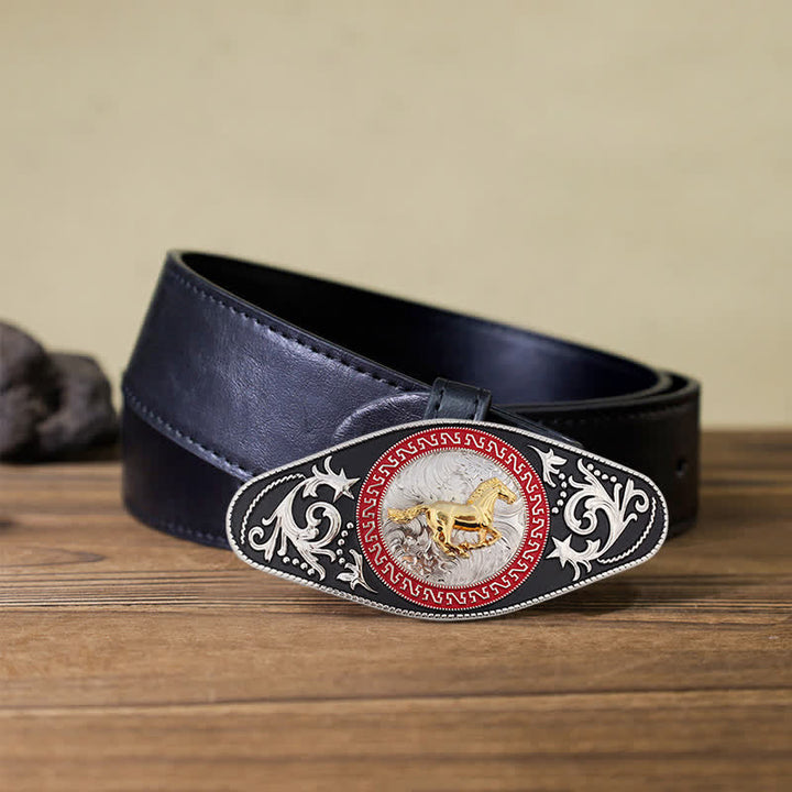 Herren DIY Western Schwarz-Gold Tier-Schnalle Ledergürtel - Laufendes Pferd - Schwarzer PU-Gürtel (40) - image 7