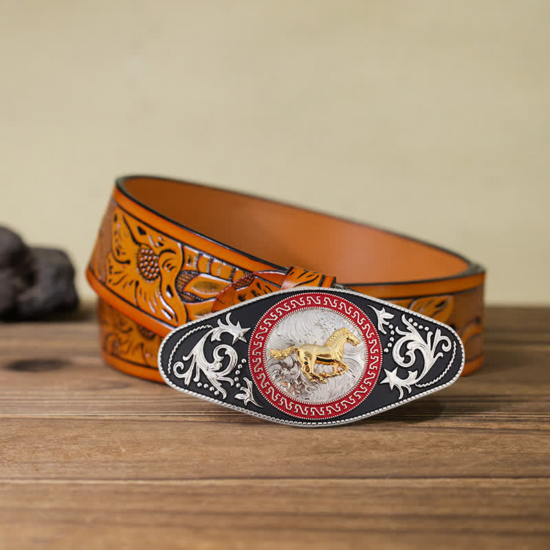 Herren DIY Western Schwarz-Gold Tier-Schnalle Ledergürtel - Laufendes Pferd - Orangefarbener geschnitzter Gürtel (40) - image 13