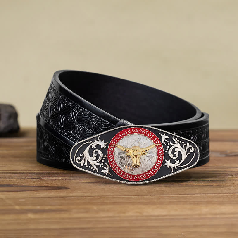 Herren DIY Western Schwarz-Gold Tier-Schnalle Ledergürtel - Stierkopf - Schwarzer geprägter Webgürtel (40) - image 26
