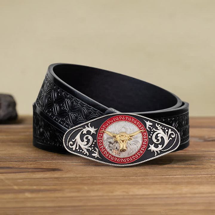 Herren DIY Western Schwarz-Gold Tier-Schnalle Ledergürtel - Stierkopf - Schwarzer geprägter Webgürtel (40) - image 26
