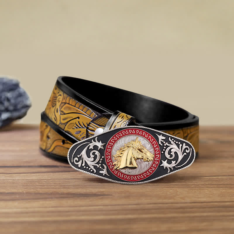 Herren DIY Western Schwarz-Gold Tier-Schnalle Ledergürtel - Pferdekopf - SandyBrown Gürtel (40) - image 21