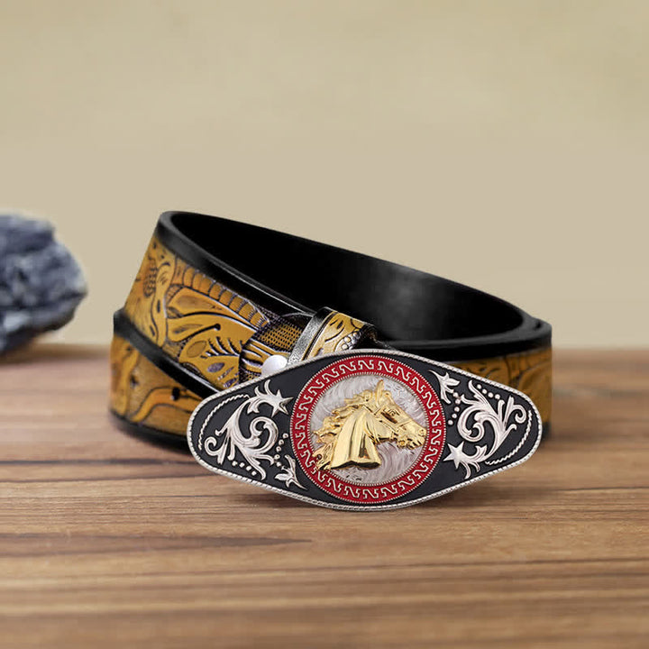 Herren DIY Western Schwarz-Gold Tier-Schnalle Ledergürtel - Pferdekopf - SandyBrown Gürtel (40) - image 21