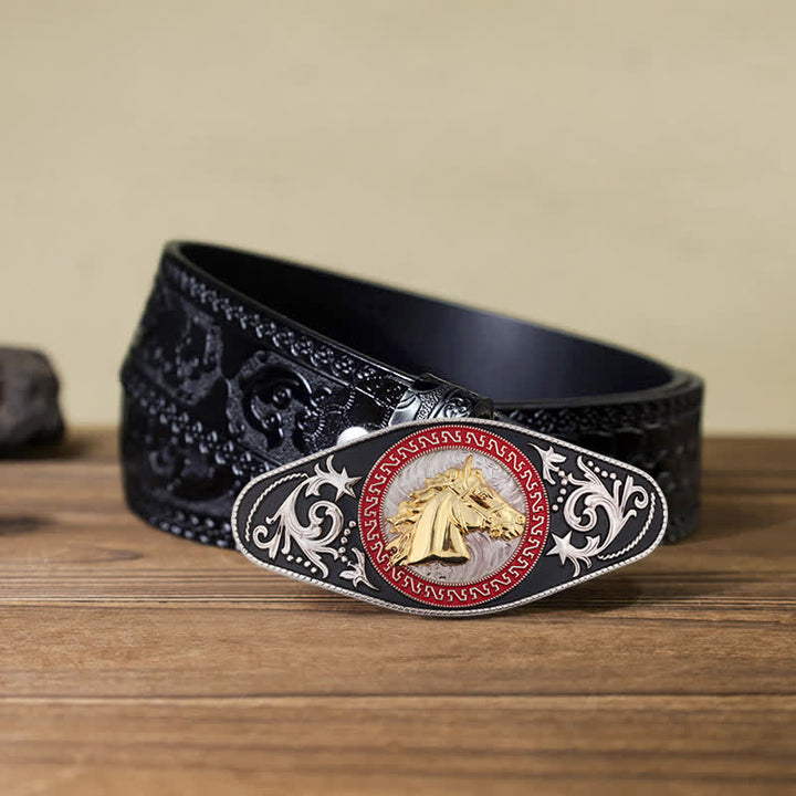 Herren DIY Western Schwarz-Gold Tier-Schnalle Ledergürtel - Pferdekopf - Schwarzer geschnitzter Gürtel (40) - image 19