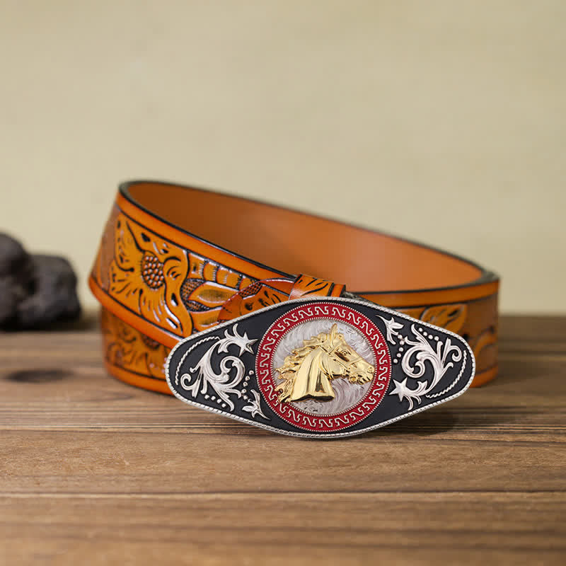 Herren DIY Western Schwarz-Gold Tier-Schnalle Ledergürtel - Pferdekopf - Orangefarbener geschnitzter Gürtel (40) - image 22