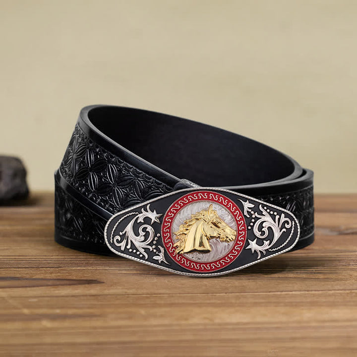 Herren DIY Western Schwarz-Gold Tier-Schnalle Ledergürtel - Pferdekopf - Schwarzer geprägter Webgürtel (40) - image 18