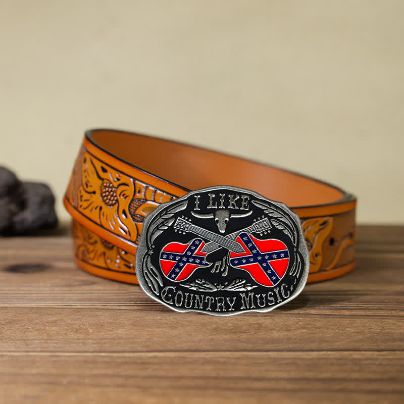 Herren-Ledergürtel mit DIY-Country-Musik-Gitarre und Bullenschnalle