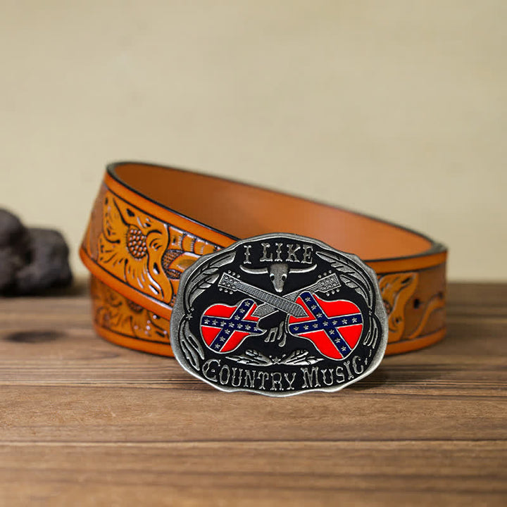 Herren-Ledergürtel mit DIY-Country-Musik-Gitarre und Bullenschnalle