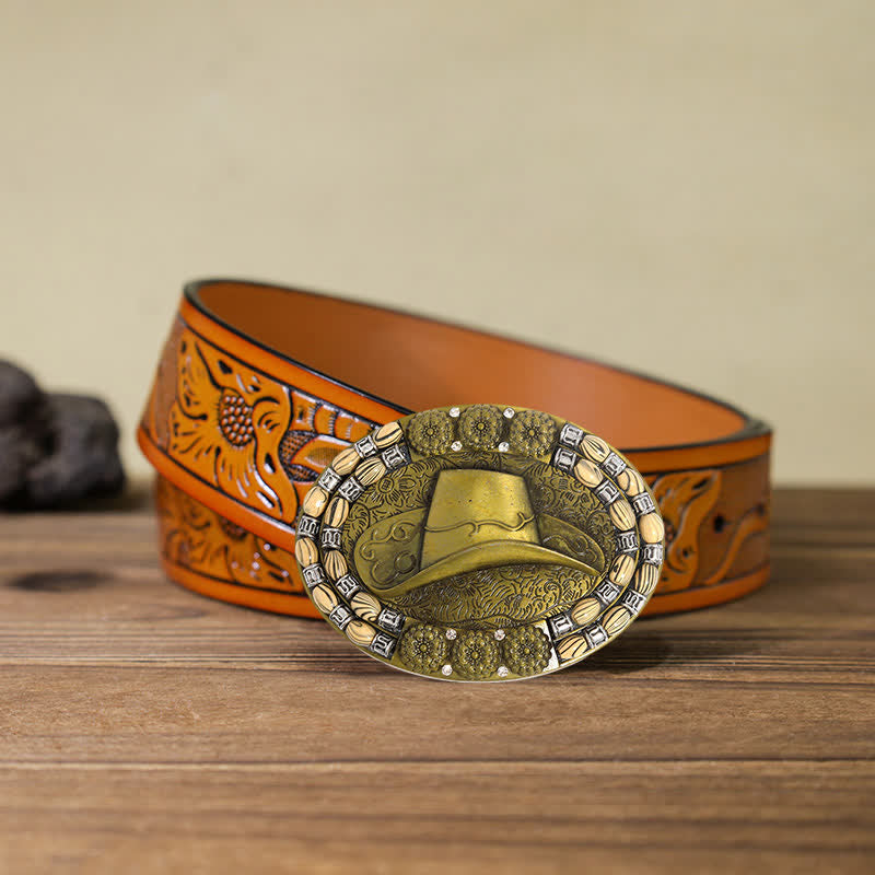 Herren DIY Gold Cowboyhut Perlen Dekor Schnalle Ledergürtel