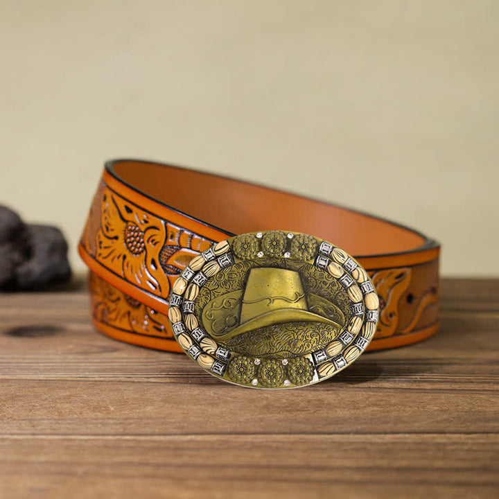 Herren DIY Gold Cowboyhut Perlen Dekor Schnalle Ledergürtel