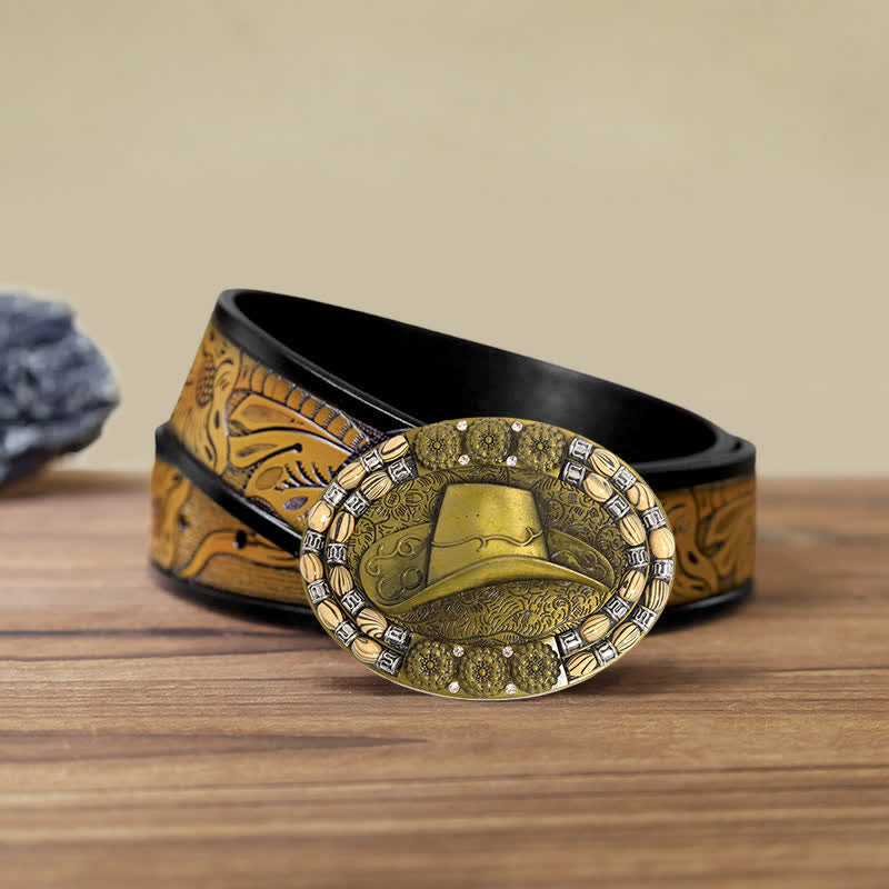 Herren DIY Gold Cowboyhut Perlen Dekor Schnalle Ledergürtel
